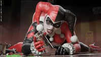 breasts large_breasts blue_eyes bat high_heels gloves harley_quinn crawling glass shrunken_woman trapped mask indoors costume whip running_away catwoman shrinking_serum looking_at_tiny digital_render dc_comics trapped_under_glass clown_makeup env-light diamond
