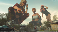 breasts giantess mega blonde destruction rampage buildings jeans shoes brunette stockings pink_hair fishnets giantesses vehicles crouching jacket shirt rings necklace earrings top ripped_clothing pointing bracelet nose_ring debris sorenzer0 digital_render bare_legs bare_midriff looking_at_tinies long_hair trees hair_bun