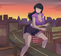 breasts drawing giantess city mega black_hair color large_breasts long_hair cleavage buildings purple_eyes mandy shorts parody highway vehicles thighs straddling sunset totally_spies top belt ripped_clothing attack_of_the_50_foot_woman bare_legs bare_midriff kerifik