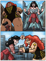 breasts drawing growth giantess city mega comic black_hair color large_breasts long_hair armor blue_eyes skirt buildings smiling giganta street red_hair boots muscles fighting giantesses thighs tattoo costume wonder_woman bracelet tiara hands_on_hips dc_comics bare_legs dredgone absolute_wonder_woman