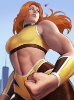 breasts drawing giantess city mega color long_hair buildings helicopter green_eyes giganta red_hair muscles shorts abs thighs fist costume top armbands dc_comics bare_midriff pepedraws