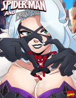 breasts drawing giantess white_hair city mega color claws cleavage buildings green_eyes smiling collar mask costume jumpsuit cover_page looking_at_tiny black_cat spider-man marvel_comics peter_parker felicia_hardy marvel_rivals inchhighjedi large_breasts gloves