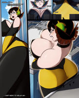 drawing growth giantess blushing city mega comic color large_breasts butt destruction blue_eyes cleavage buildings brunette gloves office pants avengers thighs choker costume stuck closed_eyes dialogue between_buildings window_view thick_thighs janet_van_dyne marvel_comics the_wasp charlydibu avengers_earths_mightiest_heroes