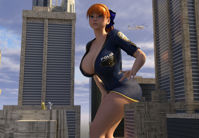 breasts city mega large_breasts cleavage buildings helicopter police hair_bow orange_hair digital_render bare_legs police_officer abstractcomm200x giantess
