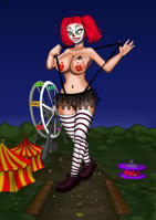 giantess breasts drawing nipples pussy mega color skirt green_eyes shoes smiling socks twintails night ferris_wheel crowds circus circus_tent tent carnival clown entrecoxas clown_girl white_face red_hair