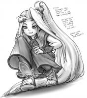 drawing giantess feet toes sandals foot_crush shrunken_man pinned dialogue imminent_crush viridi kid_icarus alloyrabbit monochrome ponytail crouching no_background looking_at_tiny