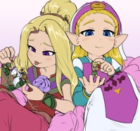 drawing gentle giantess color handheld finger hand shrunken_man viridi petting the_legend_of_zelda kid_icarus link_(the_legend_of_zelda) princess_zelda_(the_legend_of_zelda) pit_(kid_icarus) blushing wings blonde blue_eyes crossover brunette purple_eyes elf ponytail dress dangle hat looking_at_tiny pointed_ears alloyrabbit