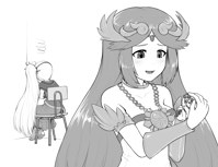 breasts long_hair cleavage ponytail dress sitting sandals chair looking_at_tiny drawing giantess monochrome handheld hand shrunken_man viridi palutena kid_icarus alloyrabbit pit_(kid_icarus)