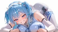 breasts giantess blushing giga size_difference large_breasts long_hair butt blue_eyes blue_hair smiling grin shrunken_man bodysuit bare_shoulders hairband bangs breast_press headset wide_hips thick_thighs no_background multicolored_hair detached_sleeves hair_ornament skin_tight ai_art simple_background 1girl 1boy two_side_up nikke commander_(nikke) yuegts top-down_bottom-up shifty mekami_shifty goddess_of_victory_nikke streaked_hair shiny_clothes