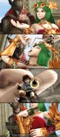 breasts blushing armor green_eyes brunette gloves green_hair red_hair dress shorts dangle helmet pit_(kid_icarus) giantess vore comic handheld shrunken_man dialogue imminent_vore digital_render palutena kid_icarus cutaway sourcesizeshenanigans elden_ring malenia