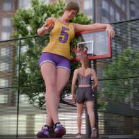 breasts giantess city butt blue_eyes buildings shoes brunette basketball shorts leaning freckles trees top legs_crossed looking_at_tiny digital_render bare_legs bare_midriff justablenderusername sportswear