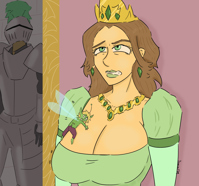 breasts drawing wings blonde color large_breasts armor fantasy cleavage princess green_eyes fairy brunette knight dress crown shrunken_man necklace earrings green_skin pointed_ears izcarianclay