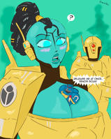 breasts drawing blushing alien black_hair color large_breasts armor blue_eyes cleavage blue_skin shrunken_man dialogue helmet looking_at_tiny between_breasts izcarianclay space_marine giantess warhammer_40k tau ultramarine spacemarine
