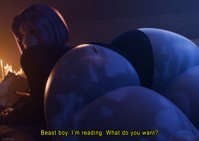 butt bed purple_hair shoes raven teen_titans lying_down crawling beast_boy shrunken_man costume leotard book dialogue candle reading looking_behind on_butt thick_thighs green_skin digital_render dc_comics grey_skin jimmy144