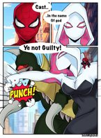breasts drawing giantess horns city mega comic color claws cleavage buildings red_eyes fighting mask punch thighs costume dialogue hood spider_man on_shoulder kaiju green_skin gwen_stacy spider-man cyclops marvel_comics peter_parker spider_gwen inchhighjedi ghost_spider gigan