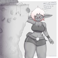 breasts drawing white_hair mega monochrome cleavage fangs short forest rope thighs trees top knife belt dialogue cliff looking_at_tiny pointed_ears armband bare_legs bare_midriff ozterd giantess goblin