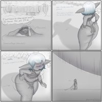 giantess goblin breasts drawing white_hair mega comic monochrome butt_crush fangs mask forest rope thighs blanket closed_eyes trees top dialogue hands_on_hips imminent_crush thick_thighs armbands looking_at_tiny pointed_ears loincloth bare_legs bare_midriff ozterd