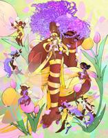 giantess fairy drawing wings blonde black_hair color long_hair purple_hair purple_eyes multiple_sizes dress kneeling shrunken_woman dark_skin flower on_shoulder looking_at_tiny pointed_ears on_knee hair_bun perihn