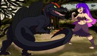 breasts drawing giantess tail mega color long_hair claws toes cleavage skirt purple_hair red_hair dinosaur muscles jungle fangs fighting top ripped_clothing spikes zatanna dc_comics bare_legs fists bare_midriff hair_streak dc_super_hero_girls dncsamsonart spinosaur