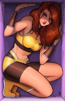 breasts drawing giantess color long_hair green_eyes giganta red_hair boots kneeling muscles shorts abs costume top cover_page armbands dc_comics bare_legs outgrowing_room bare_midriff nathan_szerdy