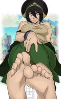 breasts drawing giantess mega black_hair color crossover toes barefoot smiling short_hair sitting muscles mountains mask pants thighs toph costume blind bracelet cliff hairband on_toe avatar_the_last_airbender hair_bun spider-man marvel_comics peter_parker inchhighjedi