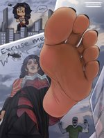 giantess feet city wonder_woman dc_comics mega black_hair barefoot trample cloud english headband outofscaletk drawing color armor buildings helicopter absolute_wonder_woman