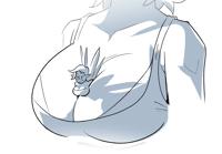 giantess fairy breasts drawing wings monochrome large_breasts cleavage shrunken_woman no_background between_breasts mollyjames