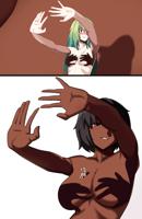 breasts drawing nude blushing comic black_hair color long_hair cleavage green_eyes brown_eyes green_hair short_hair shrunken_woman dark_skin shadows no_background on_breasts convenient_censorship annabelle thema1nman gracie giantess