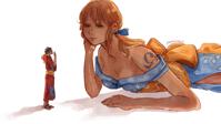 breasts drawing manga mega black_hair color cleavage brown_eyes red_hair dress lying_down sandals shrunken_man hat tattoo hair_bow no_background looking_at_tiny sorrynamiii giantess nami one_piece luffy