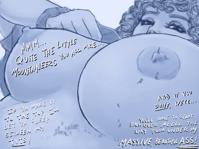 breasts drawing nipples monochrome large_breasts climbing shrunken_people dialogue no_background anon on_breasts looking_at_tinies sapphronnymiss giantess