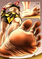 giantess street_fighter marisa breasts drawing color toes barefoot skirt green_eyes blood gloves red_hair foot_crush muscles abs shrunken_man top no_background looking_at_tiny bare_legs cutaway bare_midriff 6o6chitsart