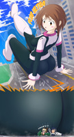 breasts drawing growth city mega blonde comic color large_breasts buildings glasses butt_crush anime blue_hair brunette brown_eyes street green_hair boots clouds thighs outdoors costume belt on_shoulder looking_at_tiny thedaibijin my_hero_academia bakugou_katsuki izuku_midoriya ochaco_uraraka giantess