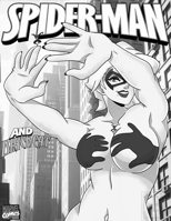 breasts drawing giantess white_hair nude city mega monochrome large_breasts cleavage buildings smiling mask costume shadows cover_page looking_at_tiny black_cat convenient_censorship spider-man marvel_comics peter_parker felicia_hardy marvel_rivals inchhighjedi