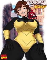 breasts drawing giantess city mega color buildings brunette brown_eyes smiling short_hair mask crouching costume earrings looking_at_viewer hands_on_hips cover_page on_shoulder janet_van_dyne spider-man marvel_comics the_wasp peter_parker inchhighjedi