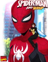 breasts drawing wings city color buildings brunette short_hair sitting shrunken_woman mask thighs costume looking_at_viewer legs_crossed cover_page on_shoulder janet_van_dyne spider-man marvel_comics the_wasp peter_parker inchhighjedi