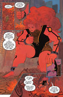 breasts drawing giantess city mega comic color large_breasts long_hair butt destruction handheld barefoot buildings glasses smiling cheetah giganta street red_hair dress kneeling muscles vehicles night freckles costume bracelet dialogue looking_at_tiny dc_comics absolute_wonder_woman