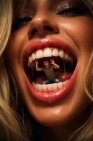 giantess vore shrunken_man ai_art blonde mouth lipstick holding_mouth_open voidprincess
