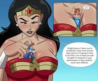 black_hair color costume dialogue tiara dc_comics cutaway breasts drawing cleavage huge_breasts shrunken_woman dangle wonder_woman between_breasts star_earrings giantess