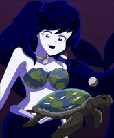 breasts giantess earth giga tail space large_breasts long_hair blue_eyes planet cleavage blue_hair mermaid moon necklace stars white_skin cosmic_giantess seashell_bra turtle nightcore100 bare_midriff