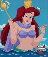 breasts giantess mega long_hair blue_eyes cleavage water ocean mermaid red_hair crown queen magic clouds disney cape ships earrings ariel looking_at_tiny seashell_bra nightcore100 bare_midriff scepter the_little_mermaid