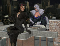 breasts giantess white_hair city mega black_hair blue_eyes crossover handheld cleavage buildings green_eyes boots giantesses mask thighs costume catsuit belt legs_crossed sitting_on_building zipper thief digital_render dc_comics marvel_comics bank roodedude batman spider-man