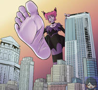 breasts drawing giantess city mega color toes barefoot buildings pink_hair teen_titans pink_eyes thighs dirty_soles choker costume looking_at_viewer imminent_crush purple_nails dc_comics grey_skin stripped_stockings jinx rebelminder