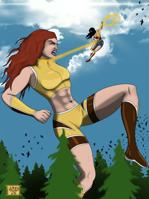 breasts drawing giantess black_hair color armor skirt green_eyes giganta red_hair boots muscles shorts abs fighting forest fist costume wonder_woman trees top tiara lasso dc_comics bare_legs bare_midriff batcanuck929