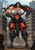 breasts drawing giantess city mega black_hair color long_hair armor destruction skirt buildings brown_eyes gloves boots muscles abs thighs costume wonder_woman looking_at_viewer bracelet tiara hands_on_hips leaning_on_building thick_thighs dc_comics bare_legs absolute_wonder_woman crimsonflamingo