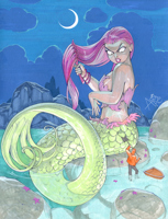 breasts drawing tail mega color water ocean moon pink_hair sitting boats clouds rock night hat top bracelet scales cliff shovel looking_at_tiny bare_midriff comb apetruk giantess mermaid