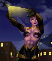 breasts drawing giantess wings city mega color skirt buildings helicopter brunette topless brown_eyes gloves short_hair shadow abs night costume stars spotlight janet_van_dyne convenient_censorship marvel_comics the_wasp scarltchaosjnx thighs
