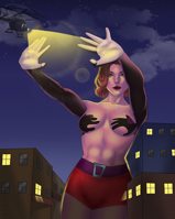 breasts drawing giantess city mega color buildings helicopter green_eyes brunette topless gloves short_hair shadow shorts night thighs costume doom_patrol belt stars spotlight dc_comics convenient_censorship elasti-girl rita_farr scarltchaosjnx