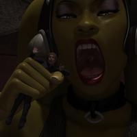 Mega lekku giantess vore mega blonde teeth handheld boots collar open_mouth tentacles indoors imminent_vore green_skin looking_at_tiny digital_render luke_skywalker jedi oola twilek jerem31 alien heavy_eyeshadow star_wars