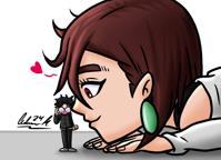 drawing black_hair brunette brown_eyes short_hair heart shrunken_man super_deformed spiked_hair klakuladd amamiya_ren giantess dandadan momo_ayase okarun