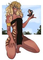 giantess breasts drawing blonde black_hair long_hair blue_eyes handheld barefoot cleavage smiling dress kneeling shrunken_woman dark_skin strapless_dress multiple_girls strapless starrybunbun02